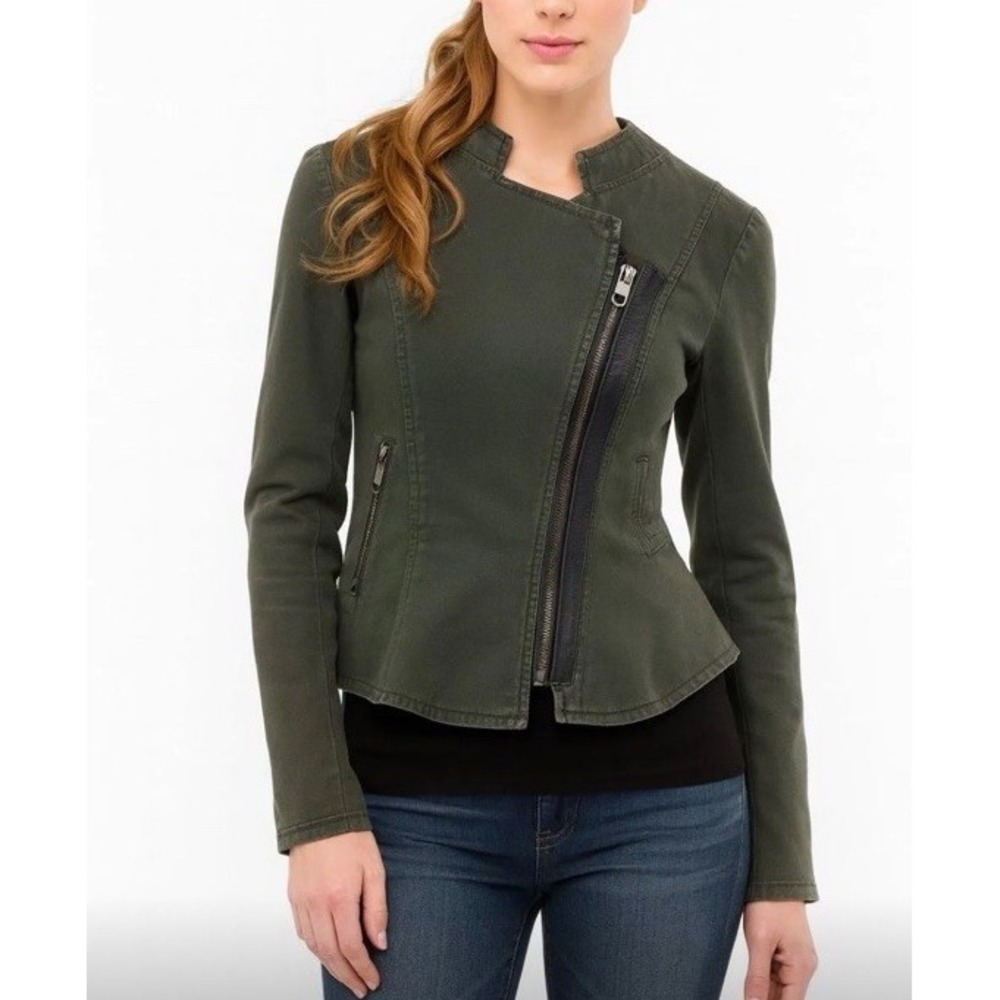 Free People Asymmetrical Denim Army Green Moto Military Jacket Womens 0 Zip Up
